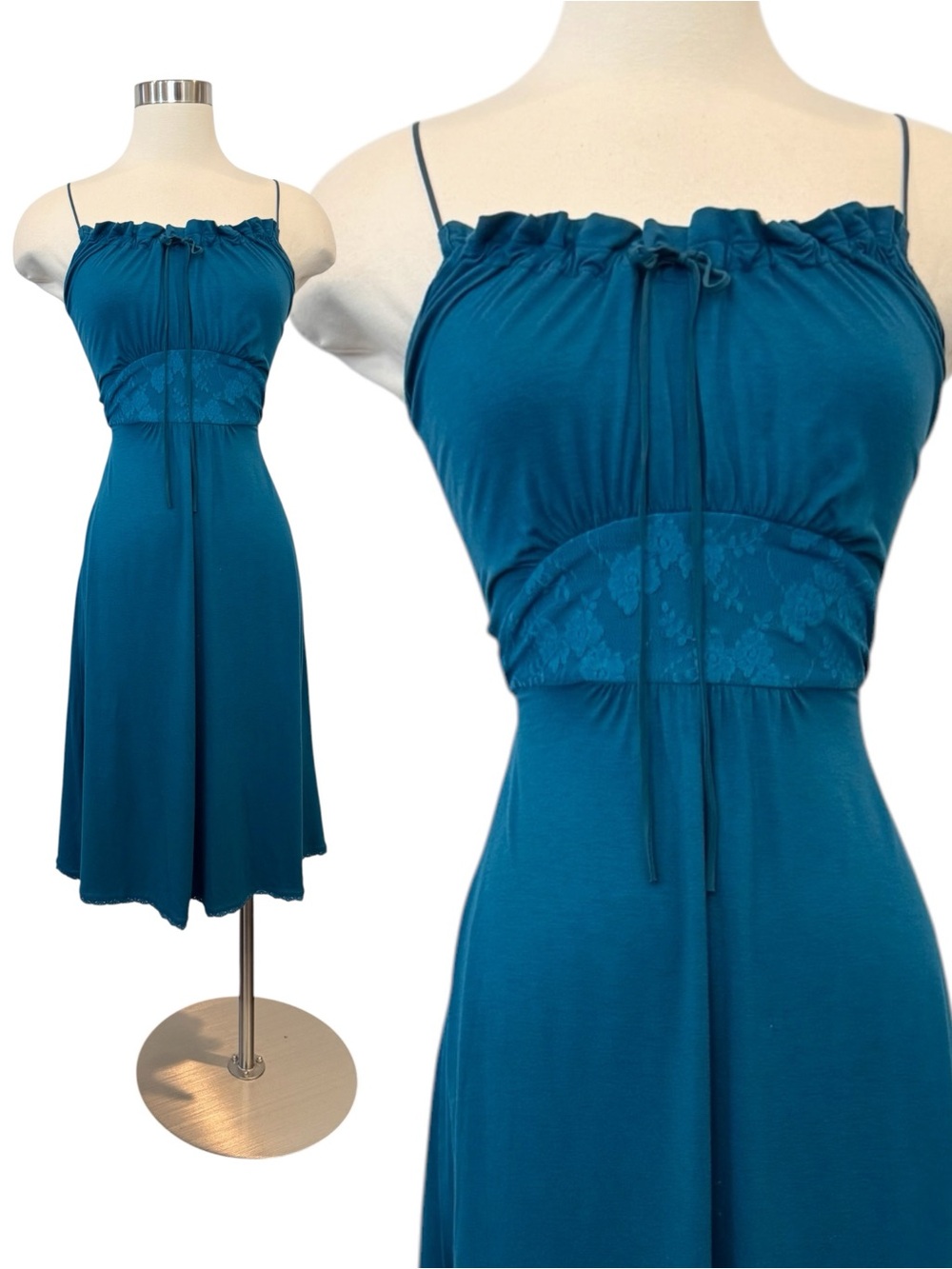 Betsey Johnson New York 90s Milkmaid Vintage Drawstring Teal Blue Knit Dress